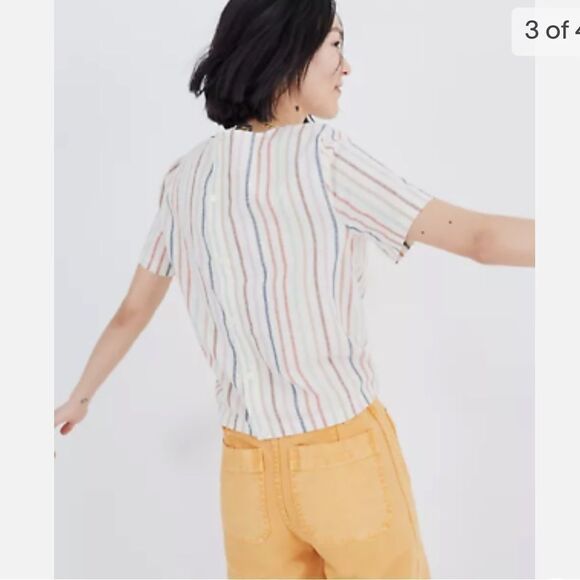 Madewell Women's Rainbow Stripe Short Sleeve Button-Back Tie Tee Top xs - Picture 3 of 16